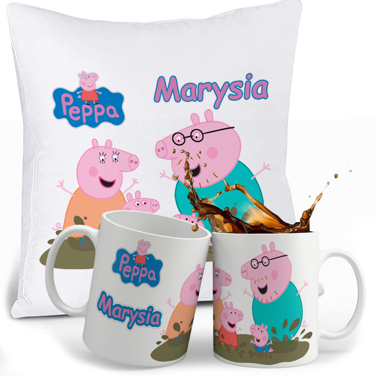 ZESTAW ŚWINKA PEPPA KUBEK + PODUSZKA + IMIE