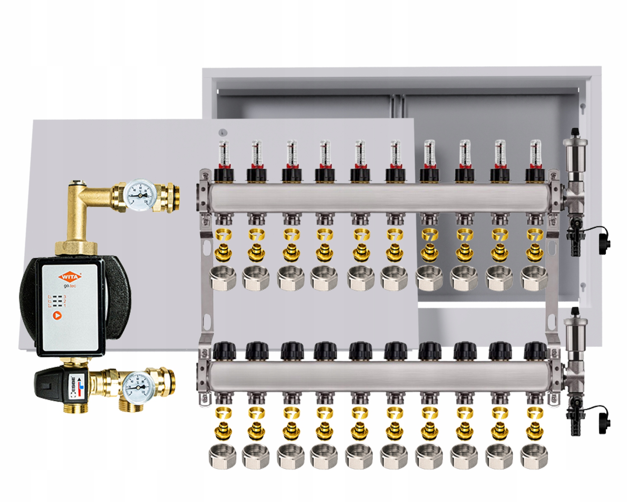Rozdělovač pro podlahu nerezový 10 okruhů s čerpadlem Wita box +pex