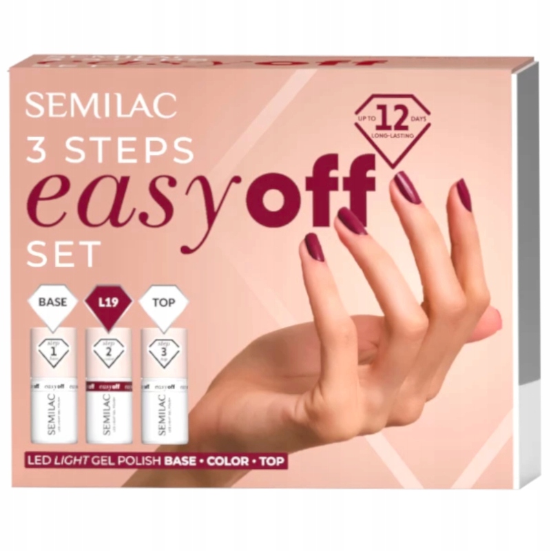 Semilac 3STEP Easy Off Set Sada Na Nehty Led Light Top Báze Lak L19
