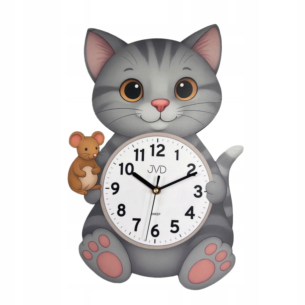 Dětské Nástěnné Hodiny Jvd HJ114 Kočka Velký Tichý Dřevěný Mechanismus