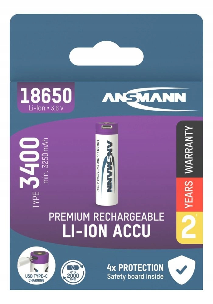 Nabíjecí Baterie Ogniwo 18650 3400 mAh Li Ion Z Usb C Ansmann pro svítilnu E Bike
