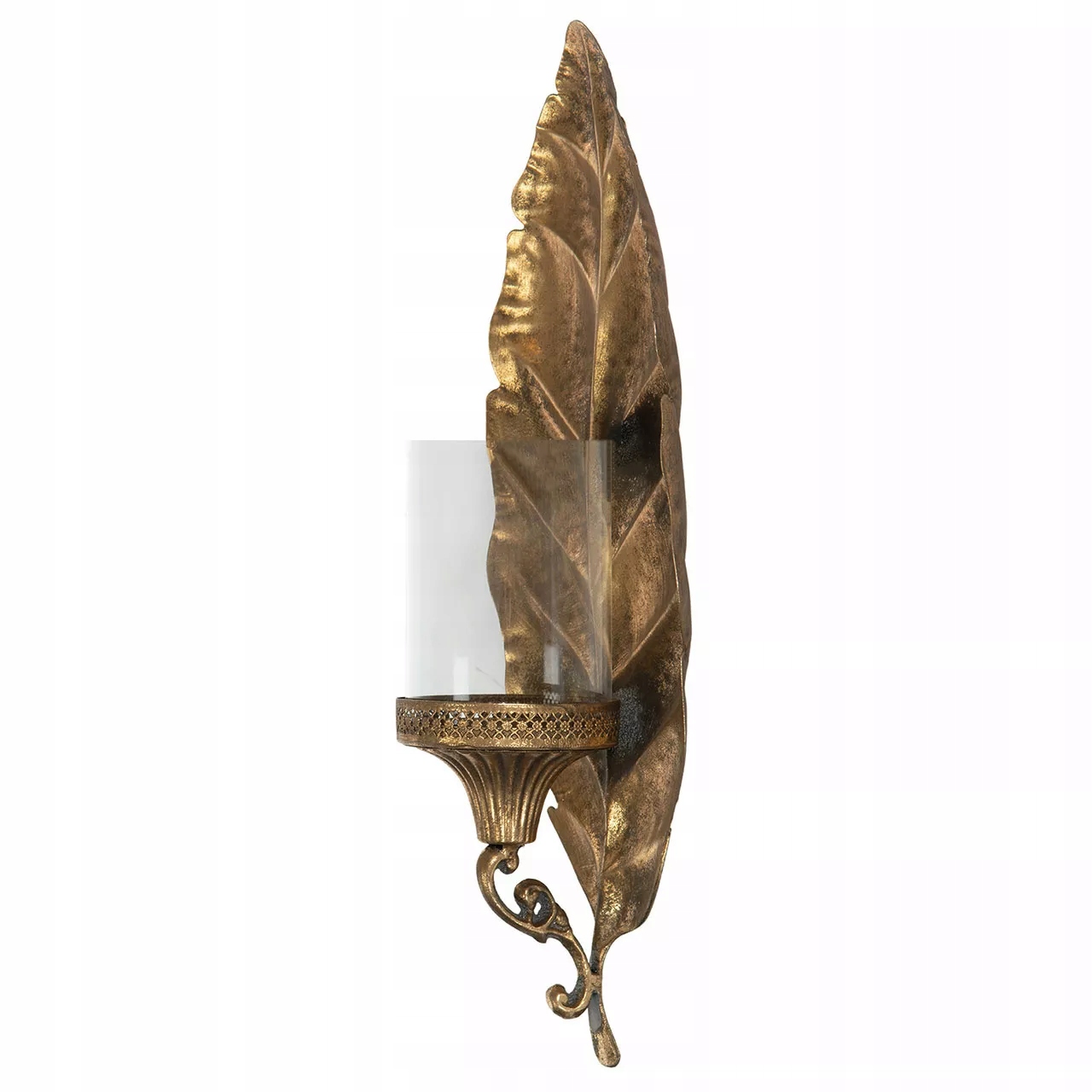 Závěsný Svícen List Zlatý Kovový Skleněný na zeď k zavěšení 49 Cm