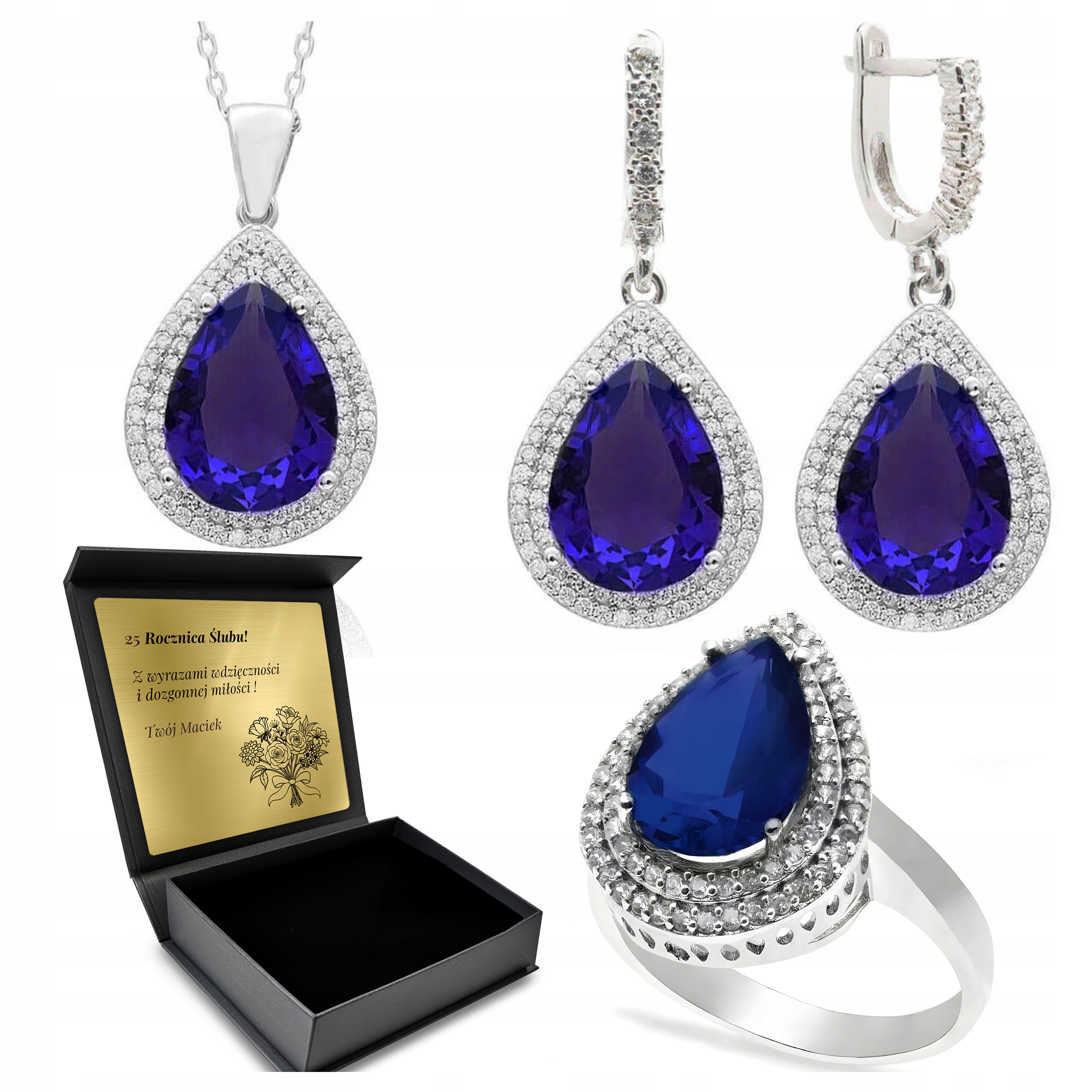 Sada Stříbrných Šperků 925 Zirkony Safírová Sada Pro Ženu Gravírování