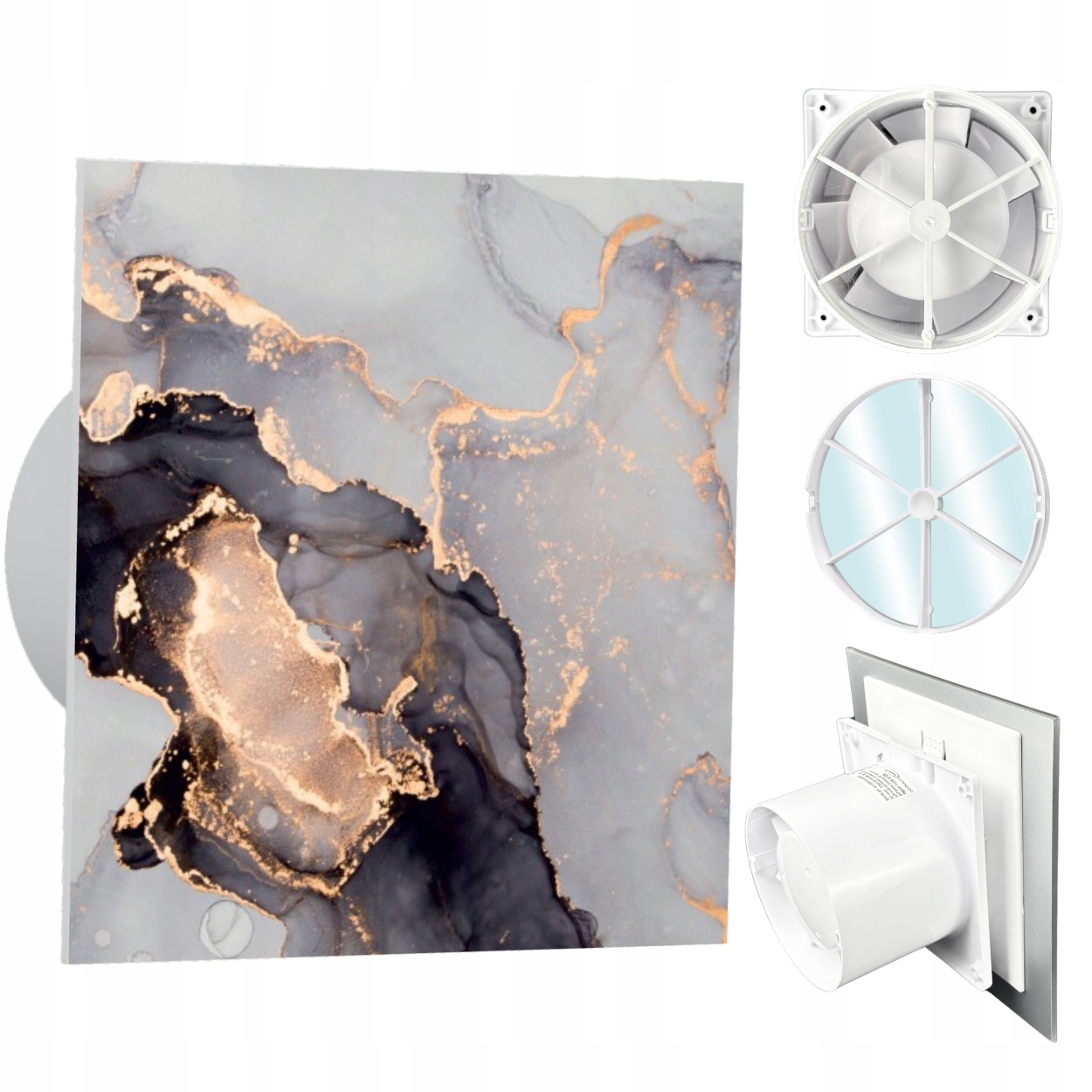 Koupelnový ventilátor dRim fi100 Zpětný Ventil Přední strana Růžově zlatý mramor