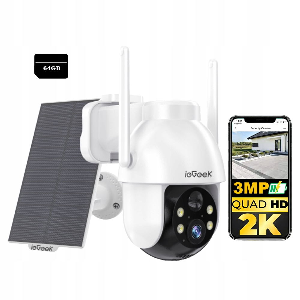 Solární otočná kamera 3MP 2K Venkovní monitorovací kamera s kartou 64 Gb