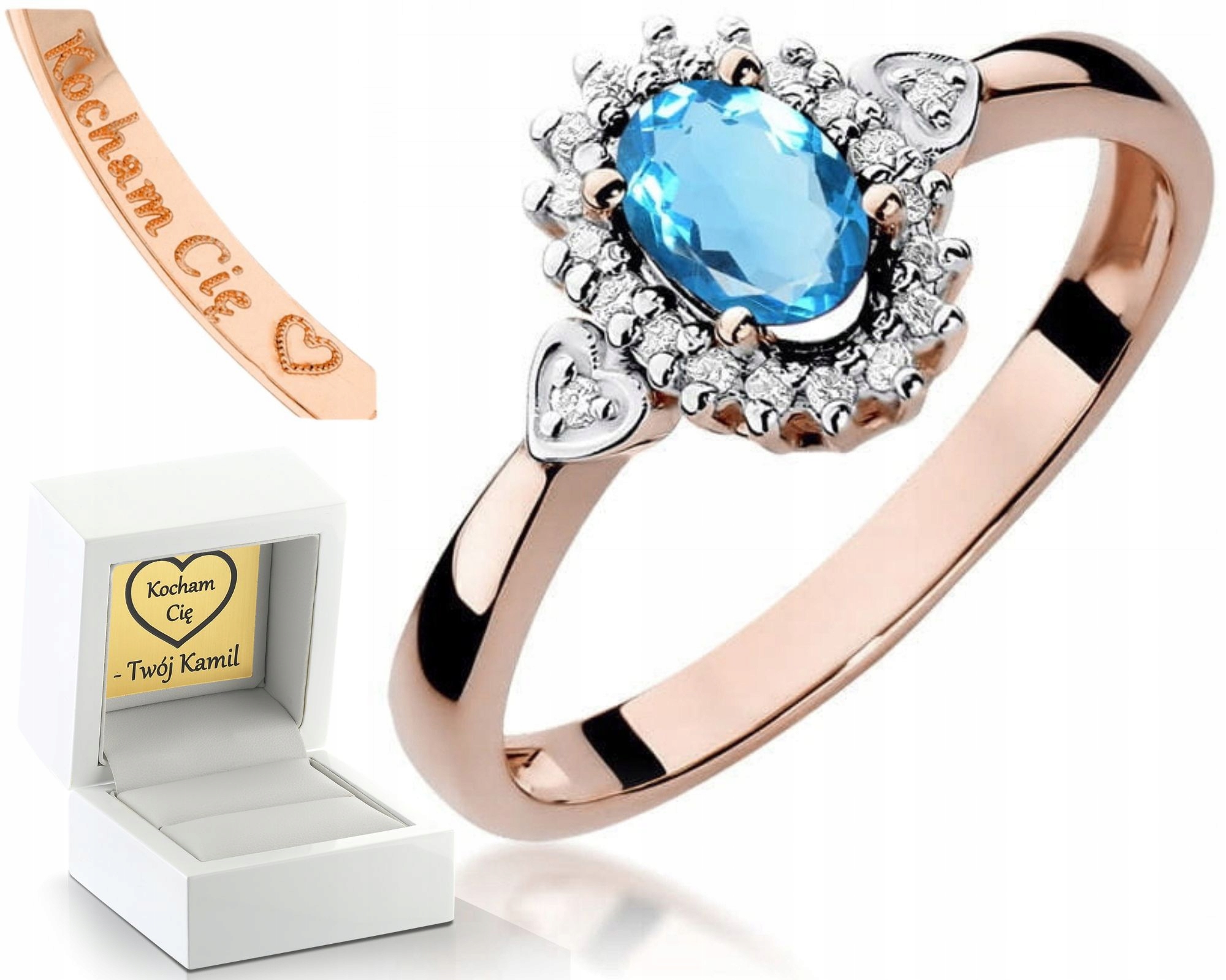 Růžové Zlato Prstýnek Pro Zásnuby Topaz A Diamanty Gravírování 585 Dárek