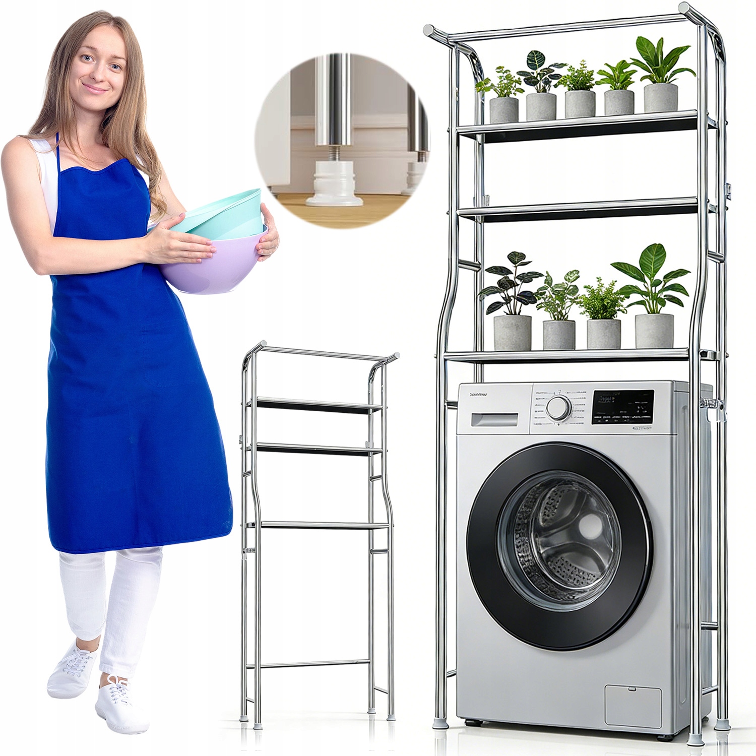 Police Koupelnový Regál Kovový Nad Pračku 3 Úrovně Stojící Stříbrný 165 CM