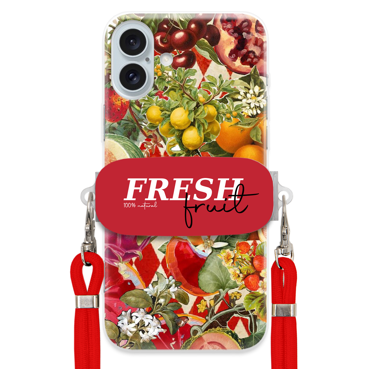 Pouzdro pro iPhone 16 Plus Červené vodítko Crossbody Držák Fresh Fruit Ovoce