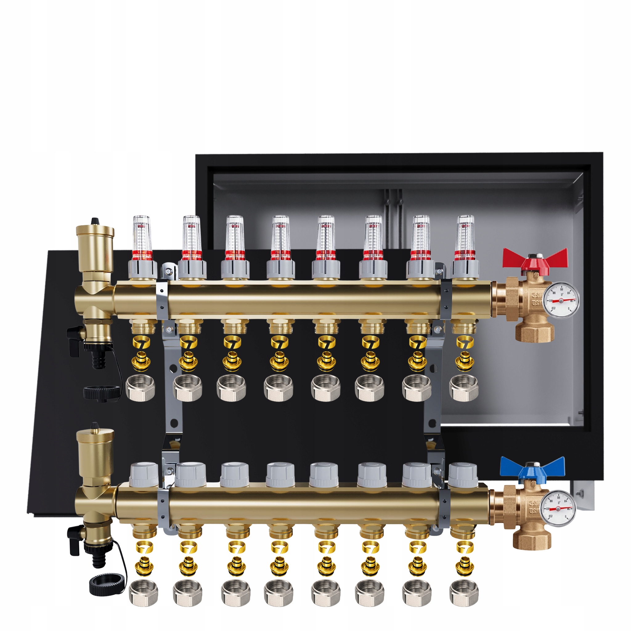 Rozdělovač podlahovky 8 okruhů úhlové ventily teploměry krabička Pex