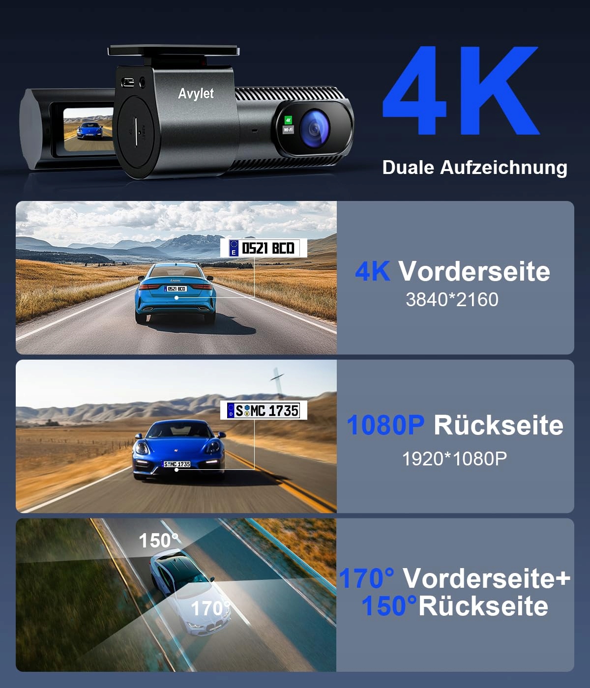 AVYLET Kamera Samochodowa 4K 1080P Przód Tył WiFi GPS Nocny Tryb 170° 150° — miniatura 3