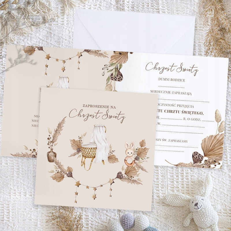 ZAPROSZENIA Na Chrzest św. Boho 10szt Wysokość produktu 14 cm