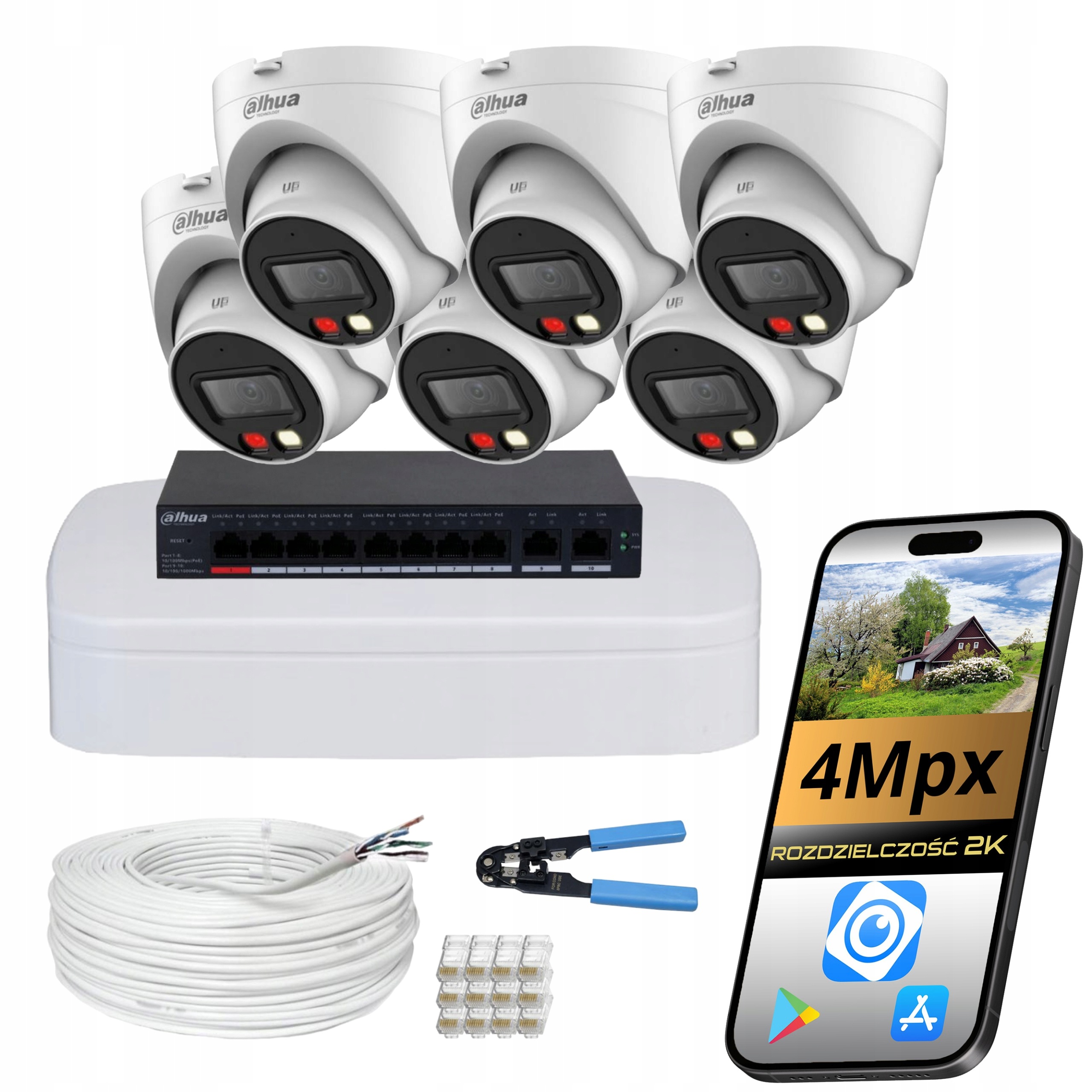 Sada na monitorovanie domu Dahua 6 vonkajších Ip kamier PoE 4Mpx Ir Led