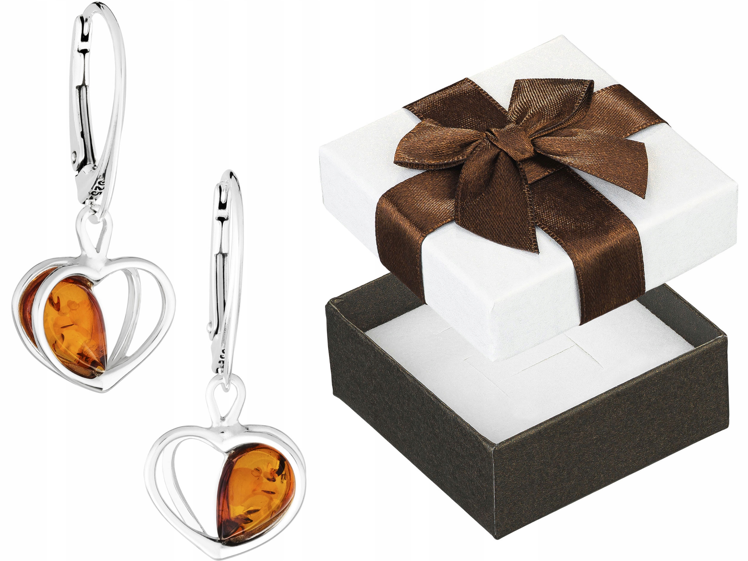Stříbrné Náušnice Závěsné srdce s jantarem Srdíčka Anglické zapínání