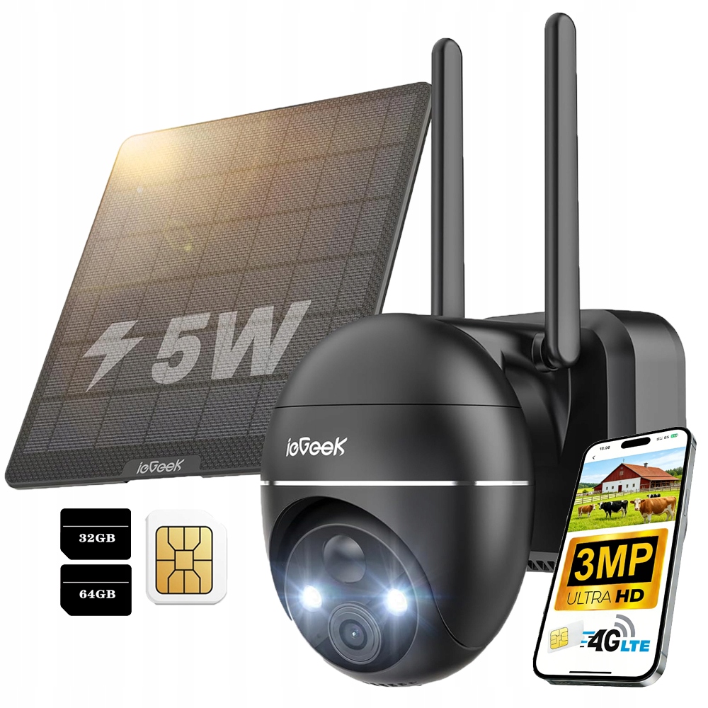 Venkovní solární kamera 3MP Sim karta 4G Lte Otočná Pir s paměťovou kartou