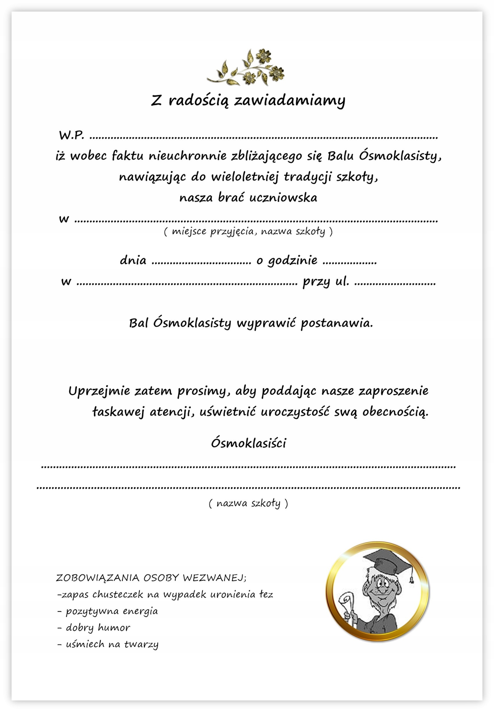 ZAPROSZENIA NA KOMERS BAL ÓSMOKLASISTY + KOPERTA EAN (GTIN) 5905215311529