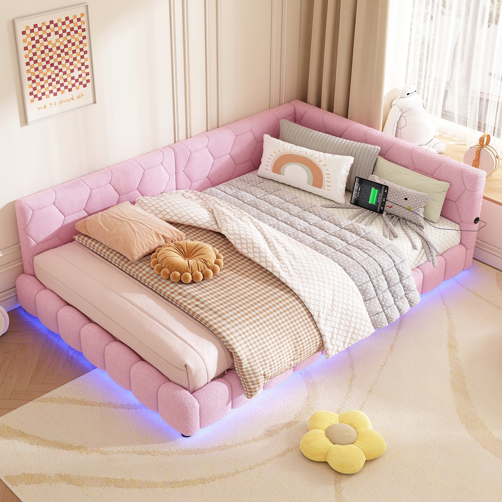 Rozkládací pohovka, čalouněná dvoulůžková postel 140x200 cm s Usb Type-C, růžová