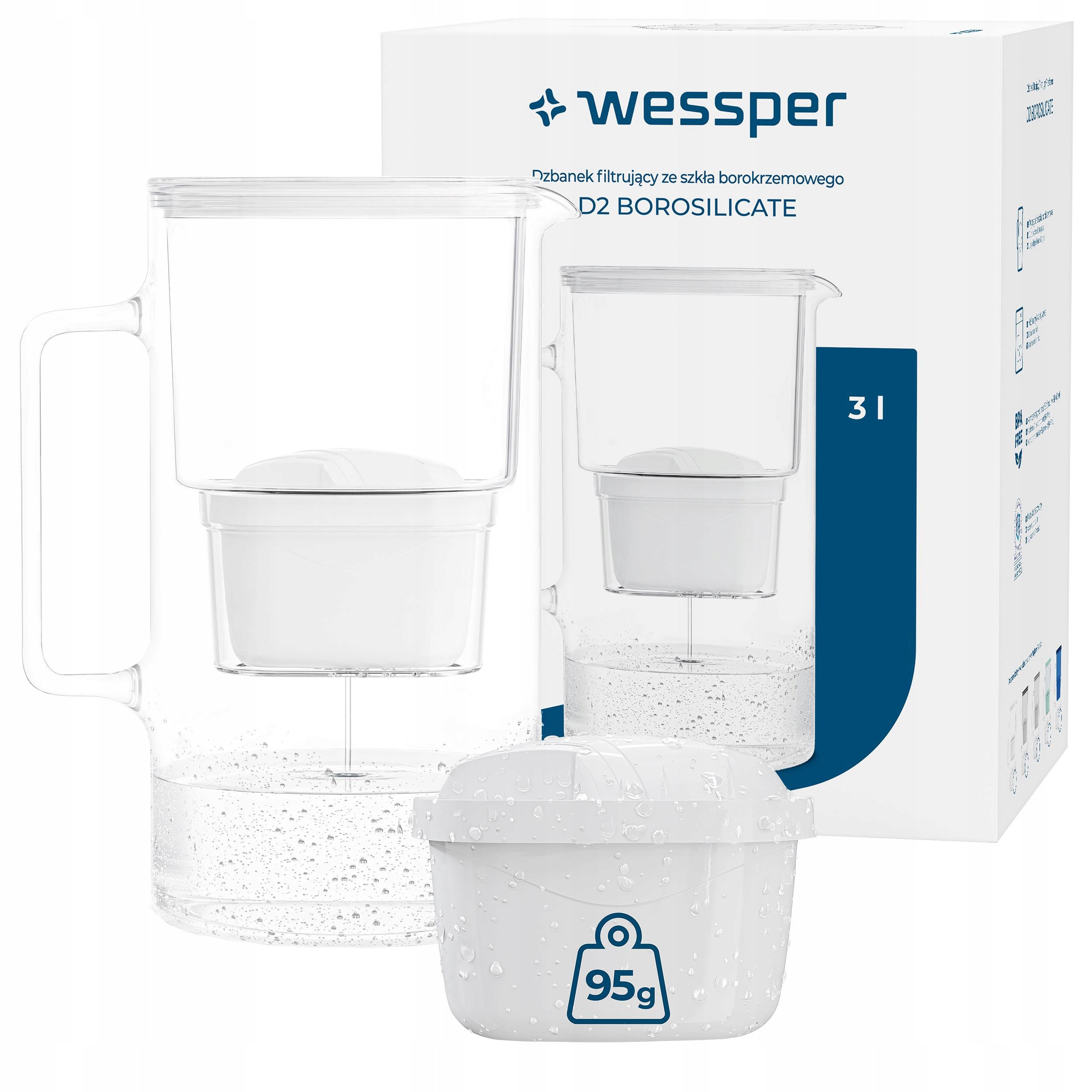Szklany dzbanek filtrujący Wessper D2 Borosilicate 3l biały 2x filtr