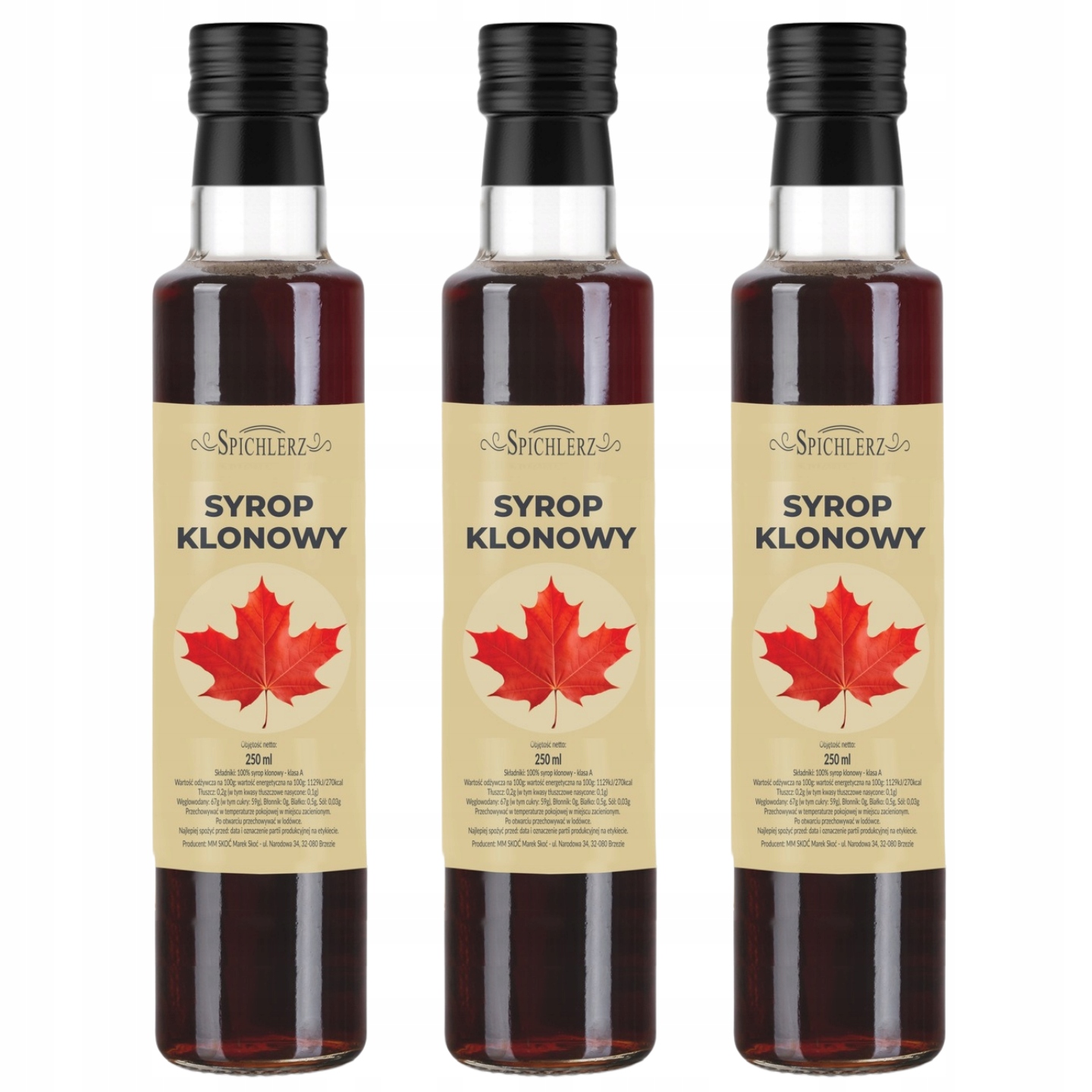 3x Syrop Klonowy Klasa A Słodzik do Kawy Naleśników Spichlerz 250 ml