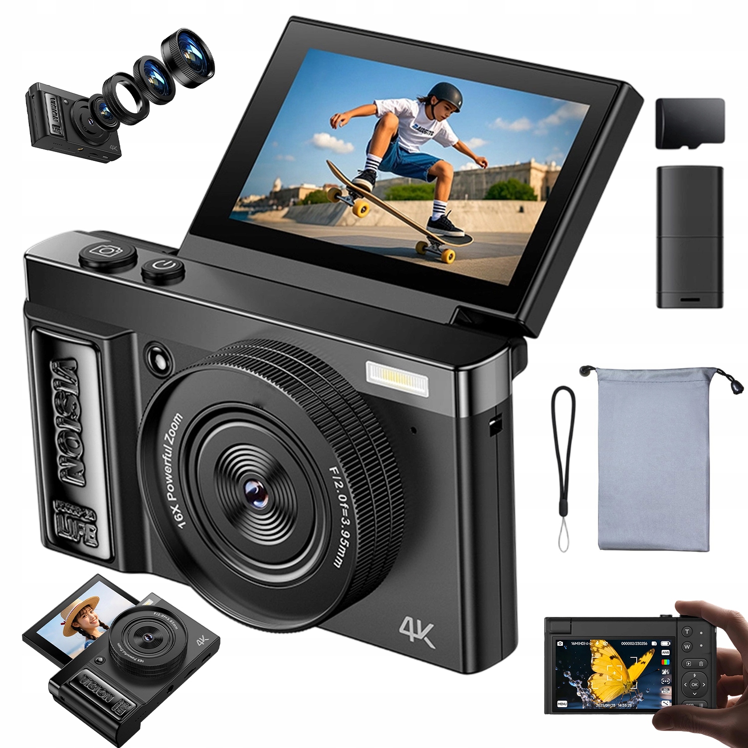 Digitální Fotoaparát 4K 64MP Kamera Vlog 16X Zoom Otočný Displej 180 Stupňů