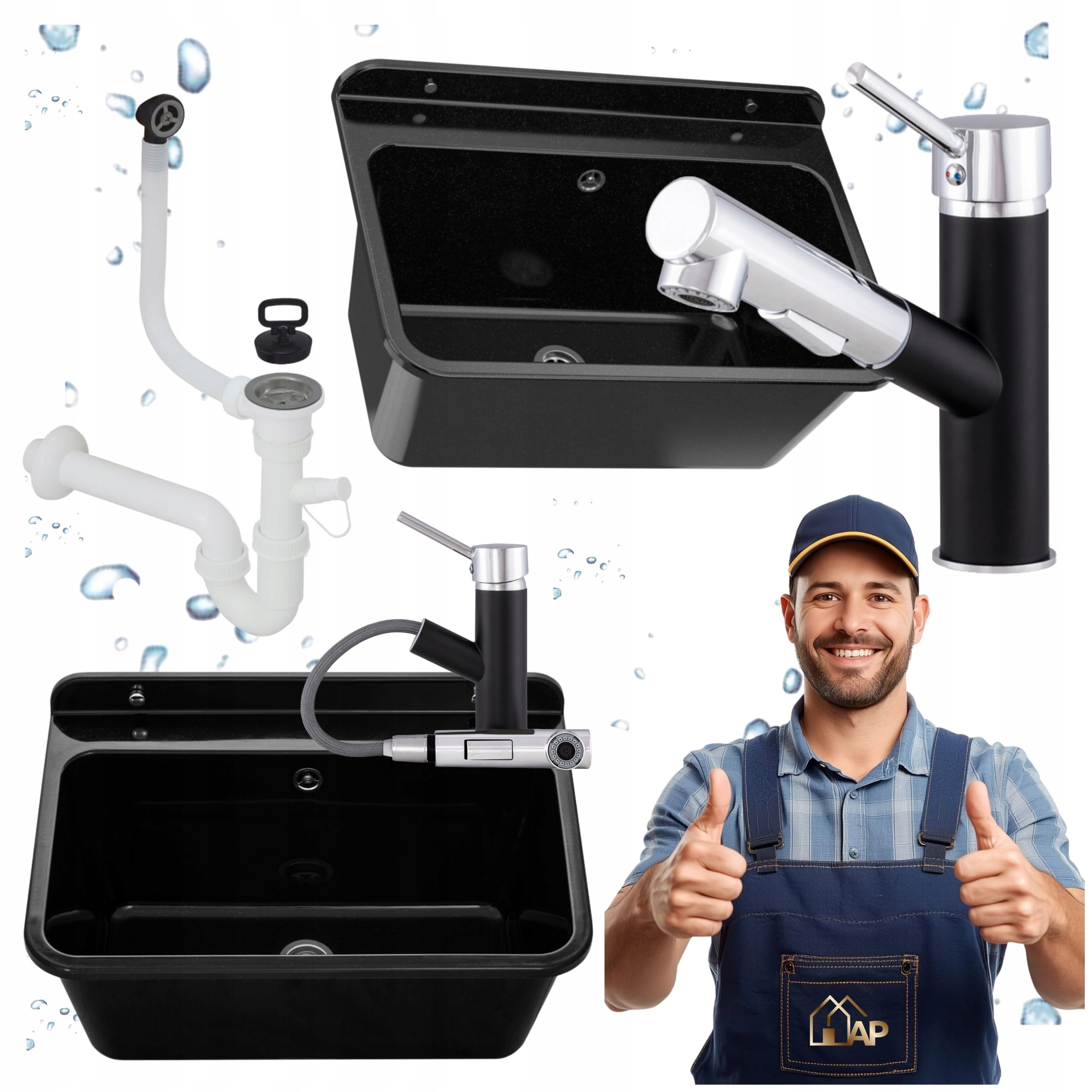 Ekonomický dřez 1-komorový Vytahovací baterie Černá Garáž Prádelna