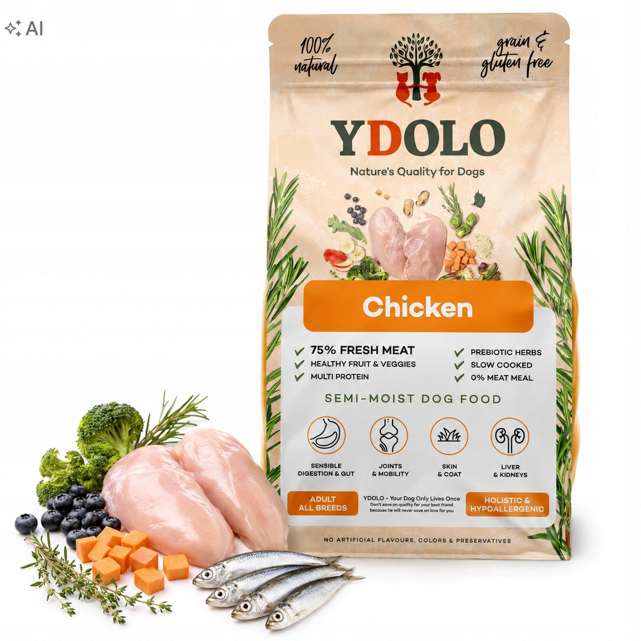Ydolo Chicken – półwilgotna karma z kurczakiem i rybami 10 kg