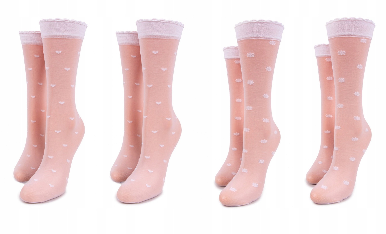 

4 pary Podkolanówki cienkie komunijne wzorki białe