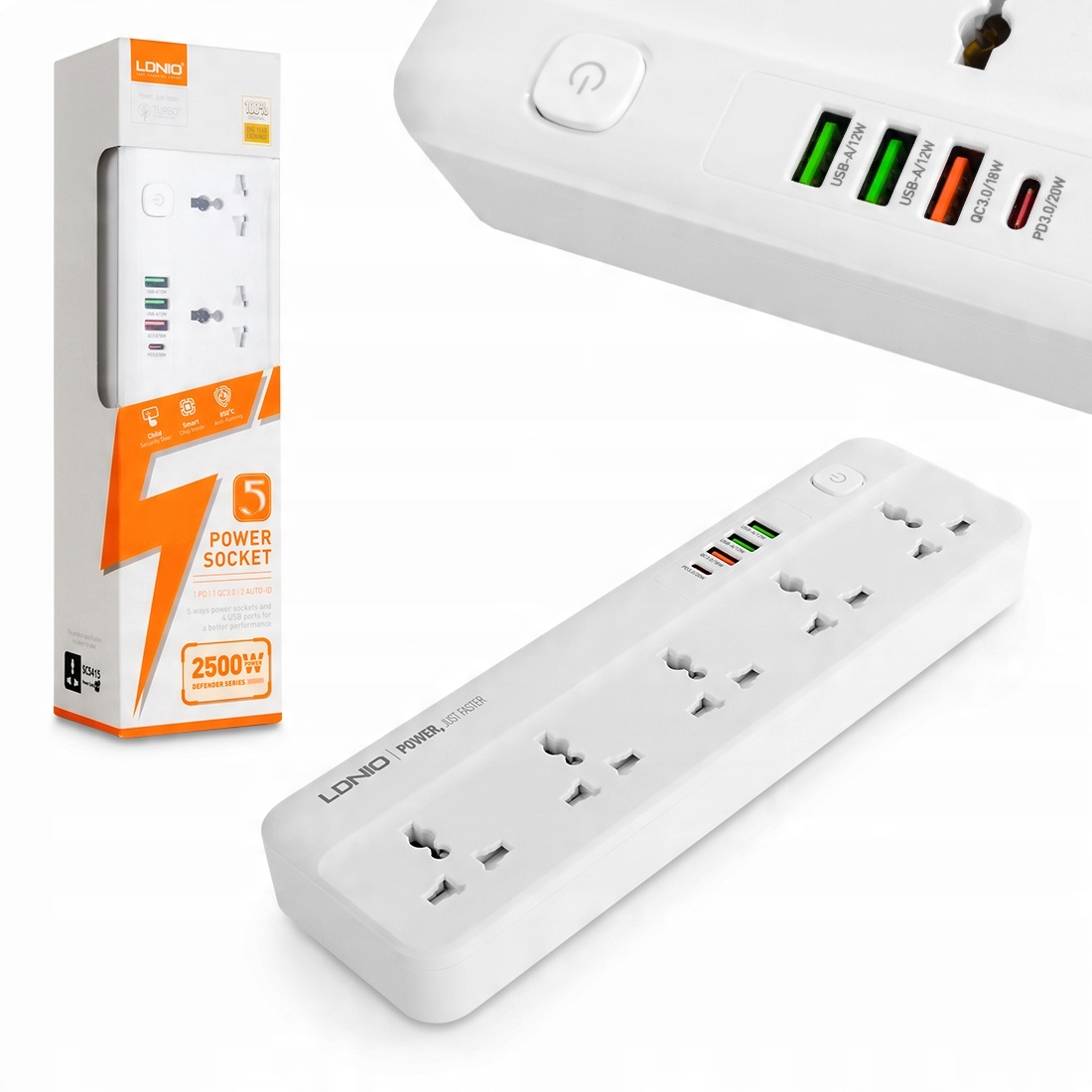 

Ldnio Listwa 5x Ac 3xUSB Usb-c SC5415 2500W Eu/us