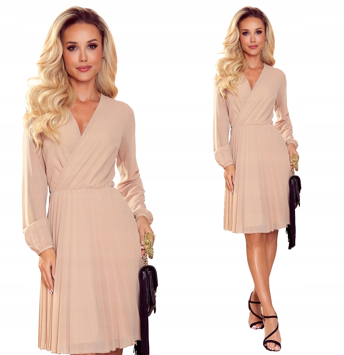 Plisované Šaty S Dlouhým Rukávem, Hluboký Výstřih, Béžová Barva S
