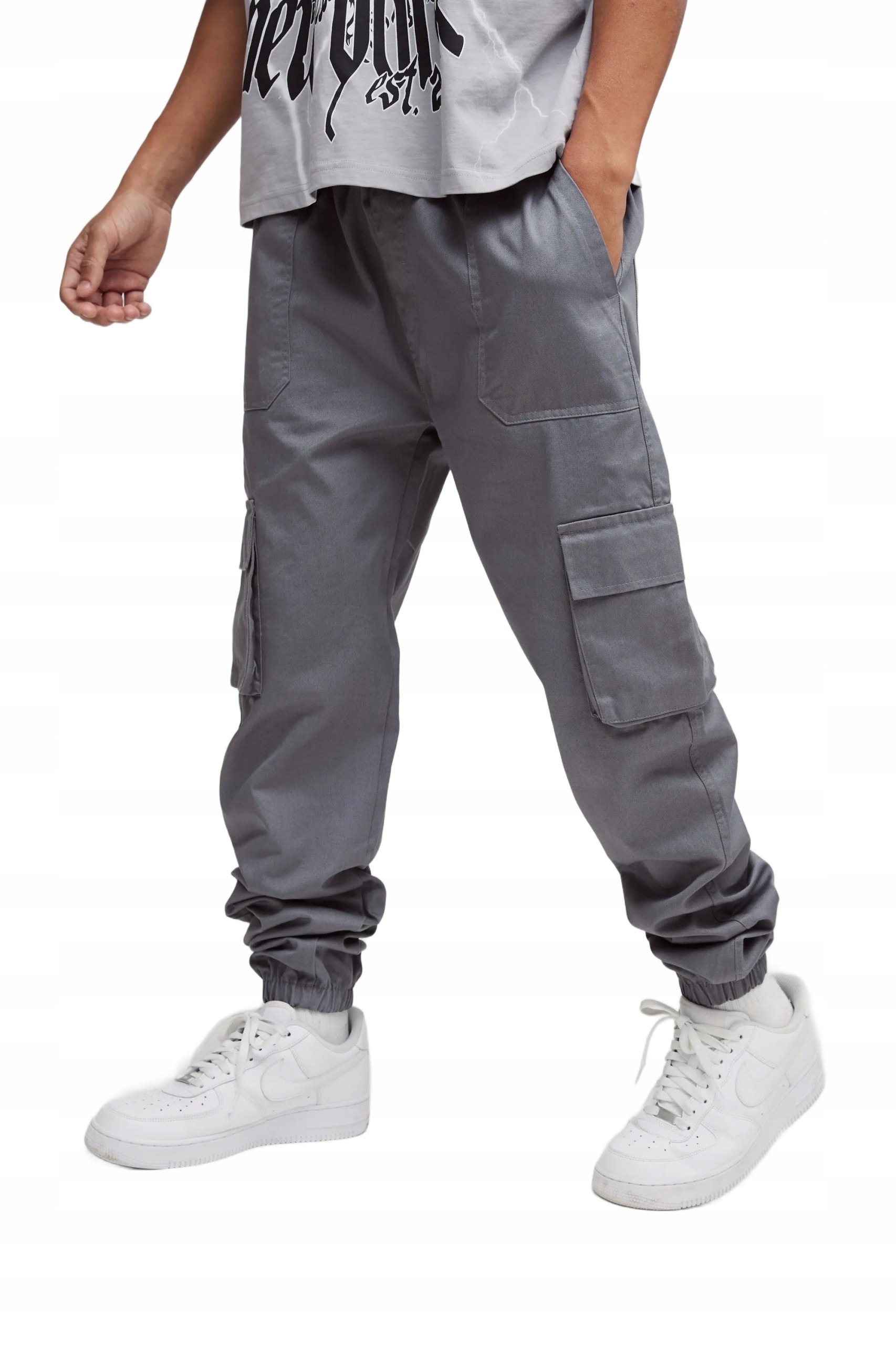 Boohooman Šedé Pánské Kapsáče Kalhoty S Kapsami Na Nohavicích 32 Z3A