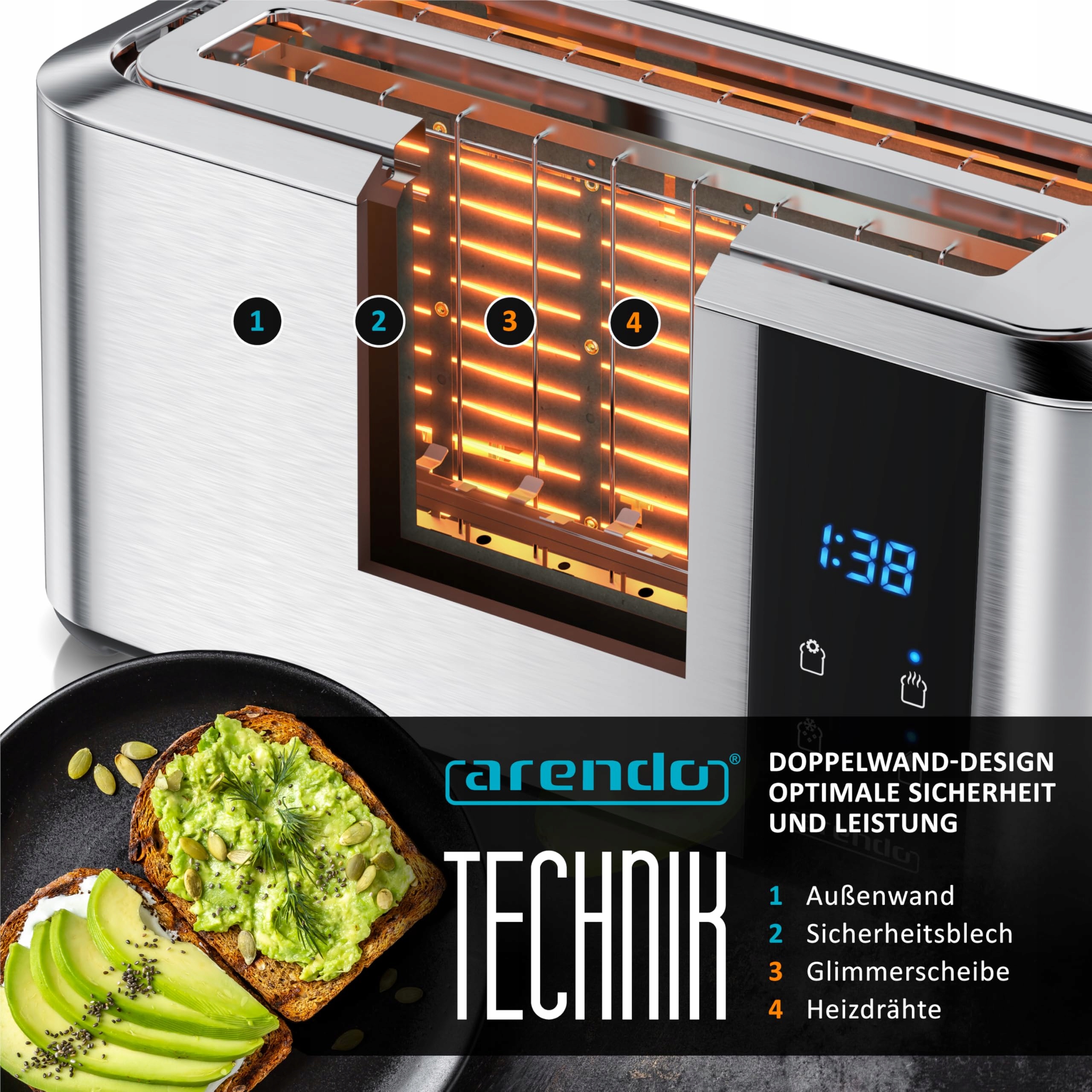 ARENDO Toster Stalowy 4 Kromki, Ekran Dotykowy, 1500W, 7 Stopni — miniatura 5
