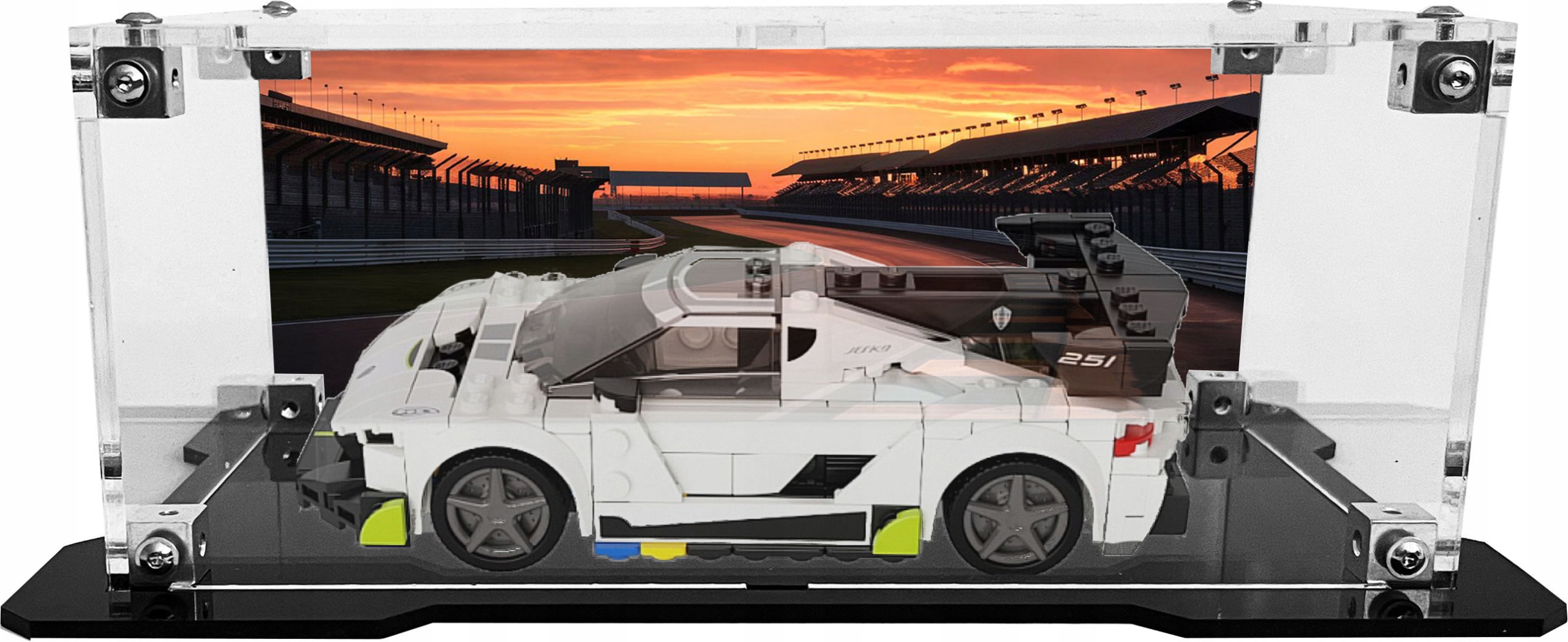 Vitrína s černou základnou a pozadím pro stavebnici Lego 76900 Koenigsegg Jesko