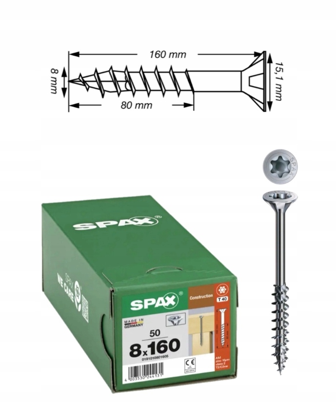 Univerzální vruty Wirox pro dřevěné konstrukce Spax 8 x 160 mm 50 ks