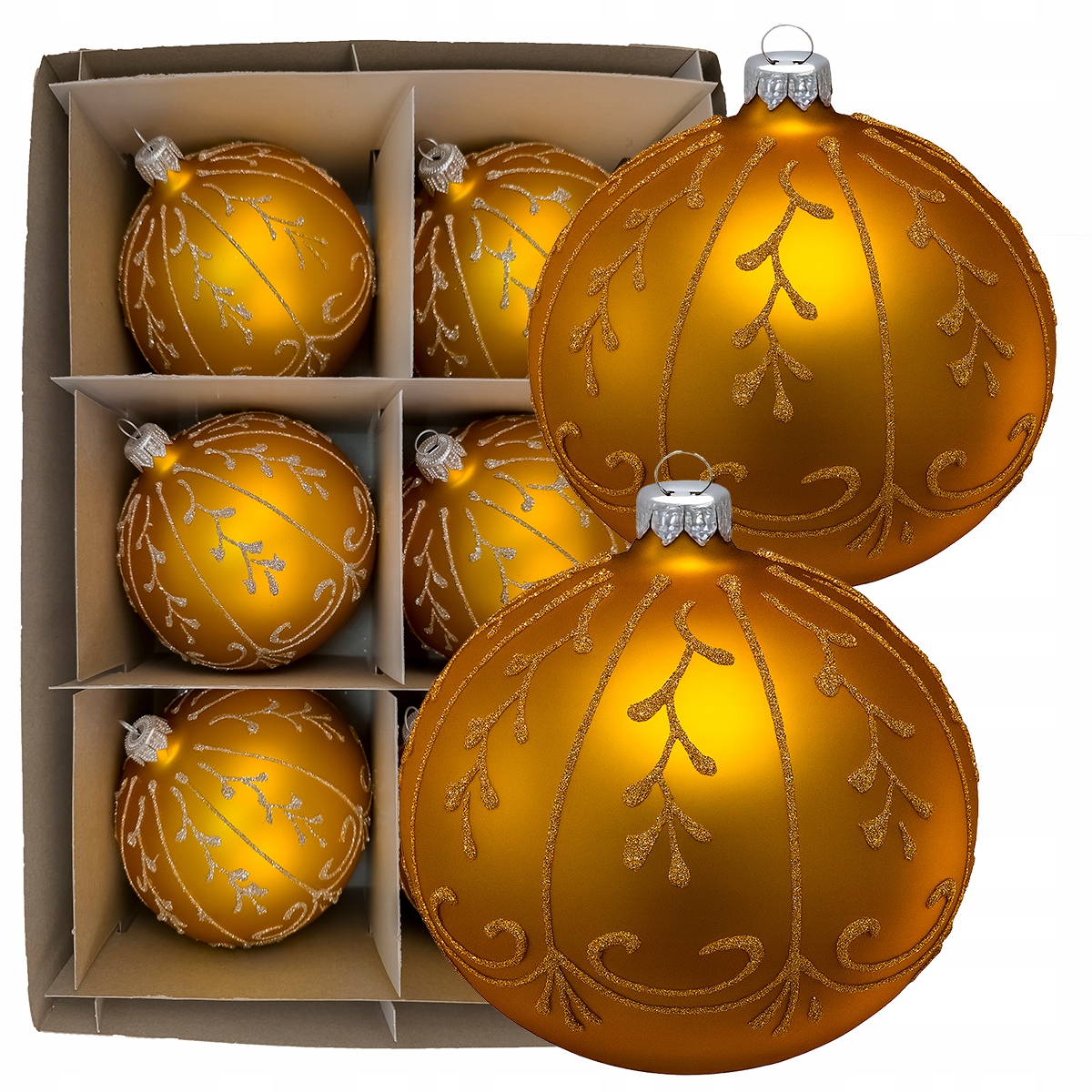 Vánoční Baňky zlaté, ručně zdobené třpytkami, 10 cm, sada 6 ks
