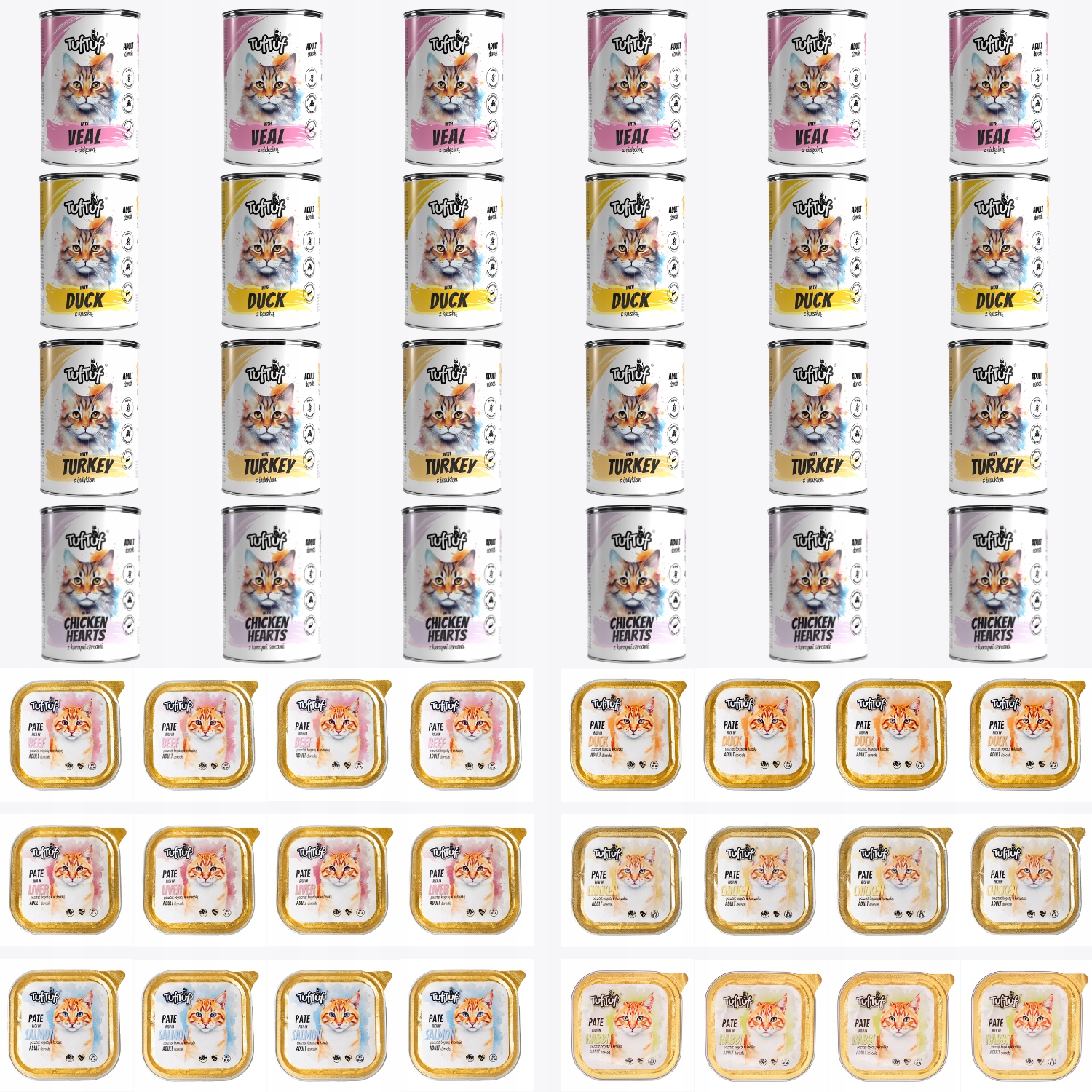 Levně Krmivo mokré pro kočky TufTuf mix chutí Plechovka 24x400g Podnos 24x100g Set