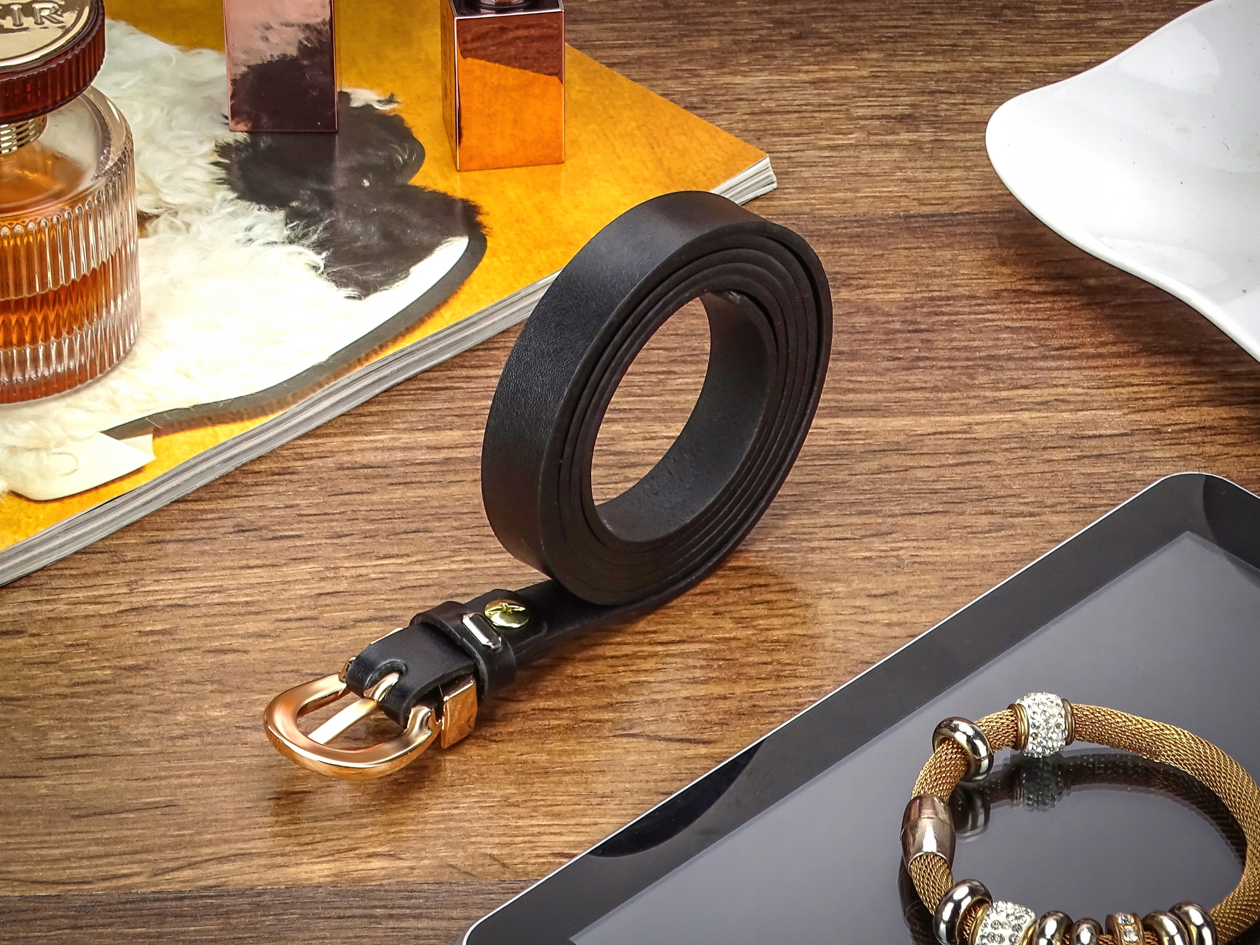 PASEK czarny DAMSKI złota klamra GRACIO SKORZANY Płeć kobieta