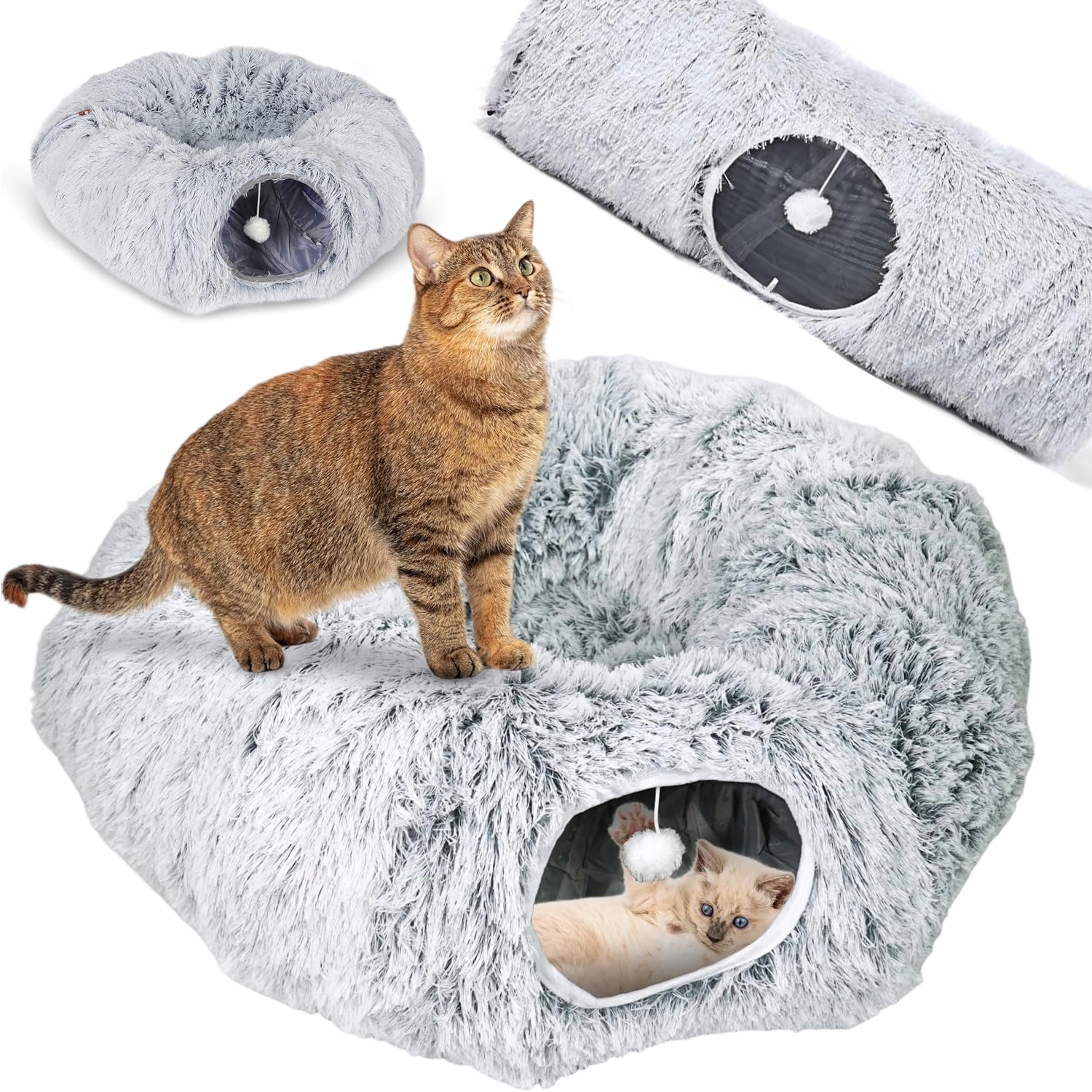 Levně Tunel Pro Kočky Kočky Hračka S Míčkem Úkryt Skládací Domeček 170 CM Šedý