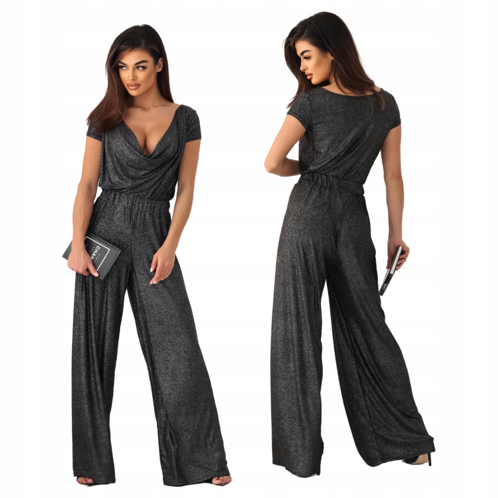 Elegantní třpytivý Komplet Halenka a Široké Kalhoty Černá L/XL