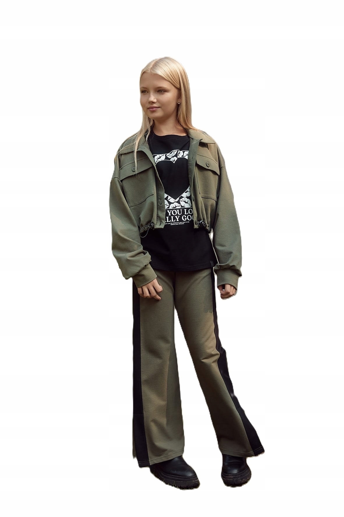 Szerokie spodnie z lampasem khaki All For Kids [rozmiar 152/158, Kolor