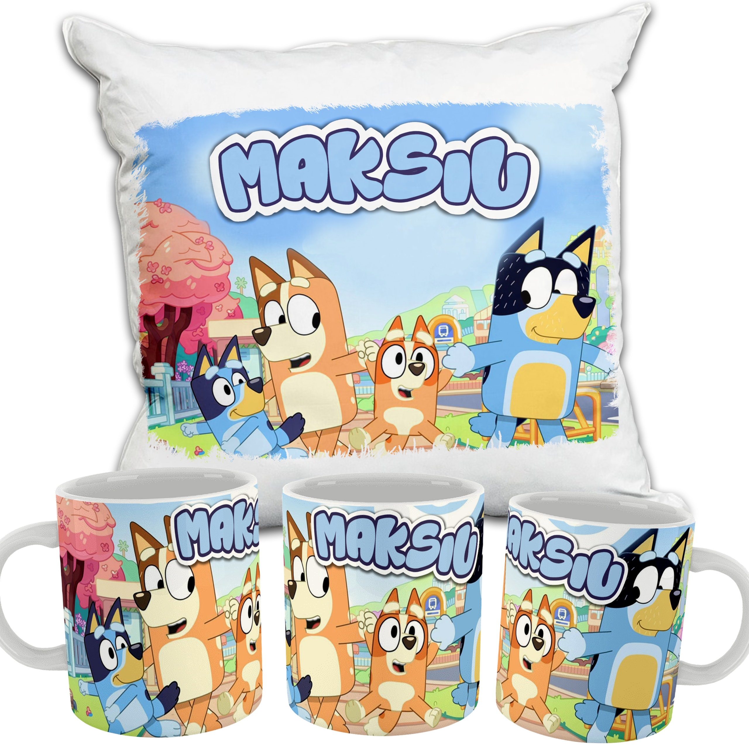 ZESTAW KUBEK I PODUSZKA BLUE BLUEY + TWOJE IMIĘ