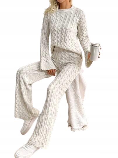 Shein Komplet Svetr A Kalhoty S Copánkovým Vzorem Béžová Xs 1KA