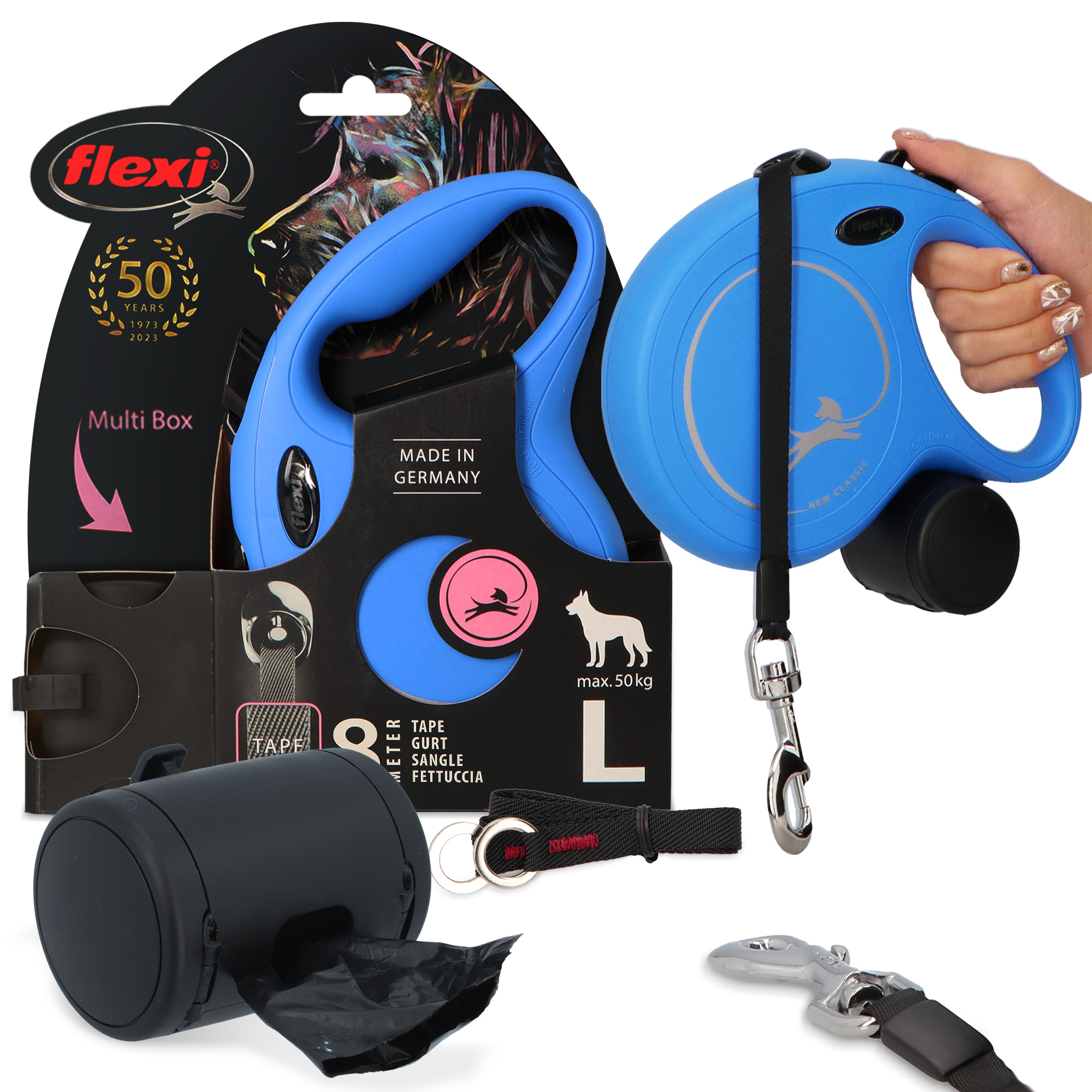 Levně Vodítko Pro Psa 8m Do 50kg Páska Zásobník Multi Box Sáčky na Výkalky Pamlsky 3v1