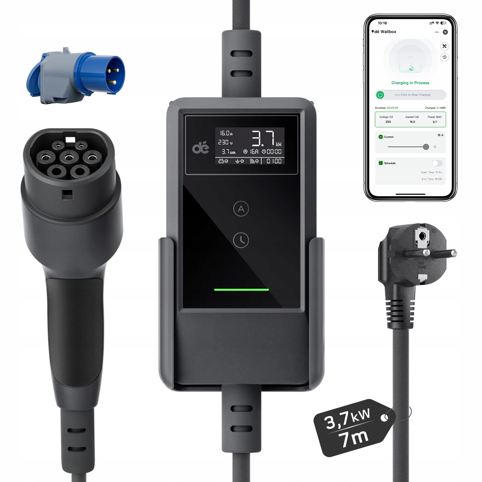 Nabíjačka do auta 3,7 kW Prenosný mobilný wallbox pre elektrikárov 7 m Wi-Fi