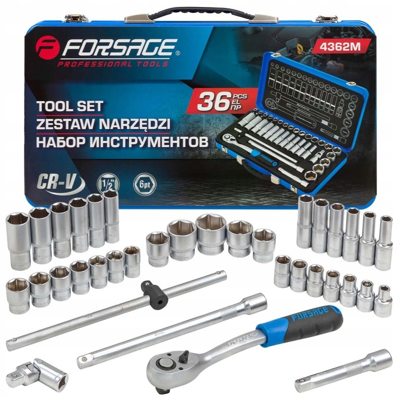Sada Nářadí Nástavců Cr-V 1/2" 36el. Nástavce Chrastítko 8-32mm 6-hranné