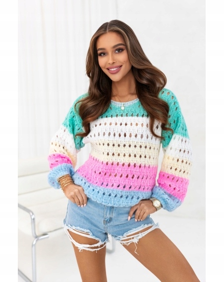 Ažurový svetr Boho s pruhy Nová Kolekce Jaro 2026 Oversize Pastel Mix