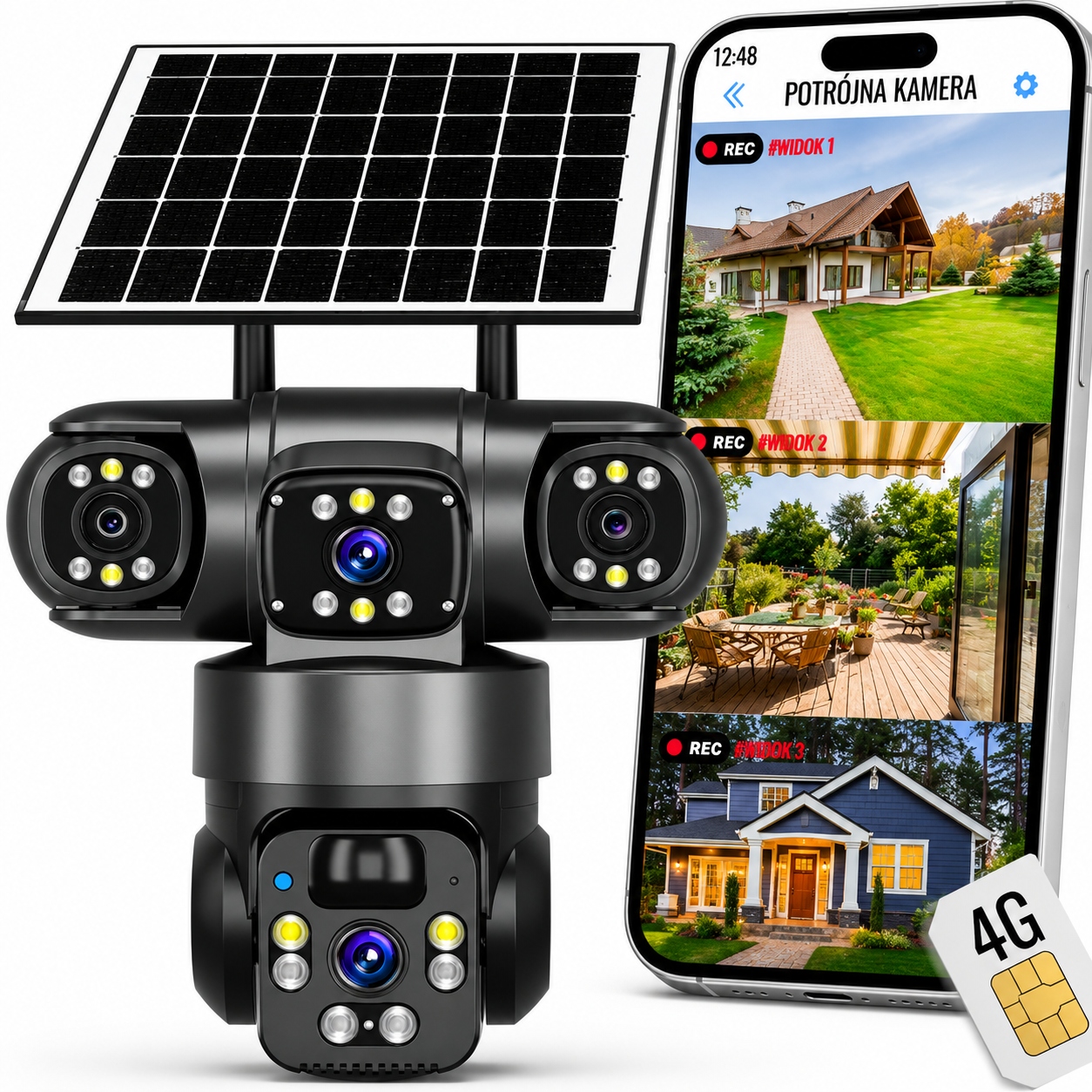 Venkovní solární kamera 4K Hd Dva objektivy Sim karta 12MP 4G Lte