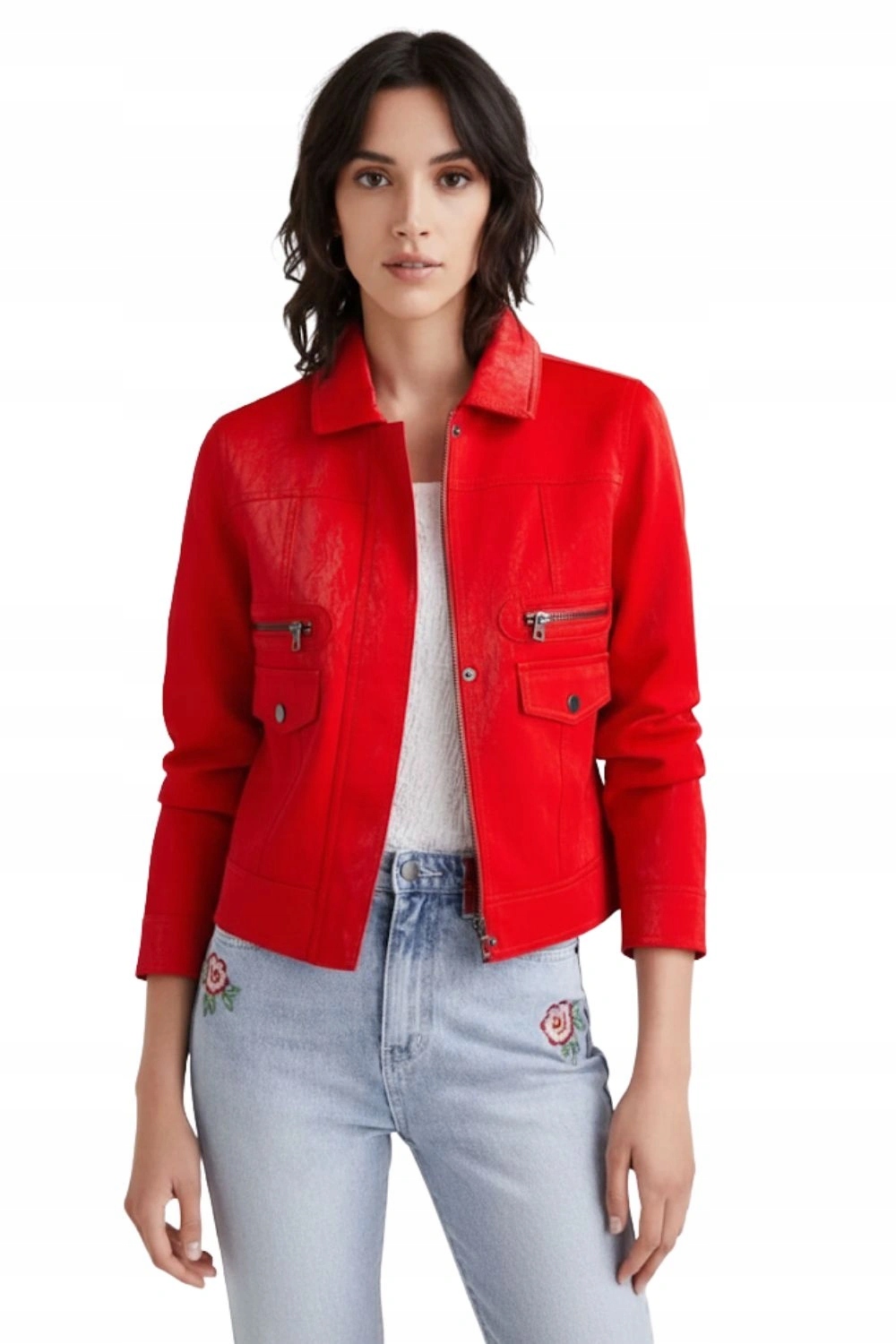 Dámská bunda Desigual krátká eko-kůže červená ramoneska vel. Xs