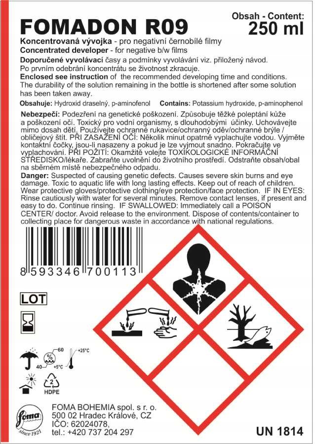Foma Fomadon R09 250 ml, wywoływacz negatywowy ( Rodinal ) Kod producenta 70011