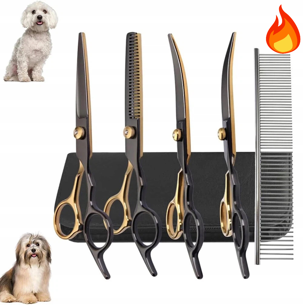 Levně Nůžky Na Stříhání Psa Kadeřnické Groomerské 4+1 Sada Kadeřníků Psi