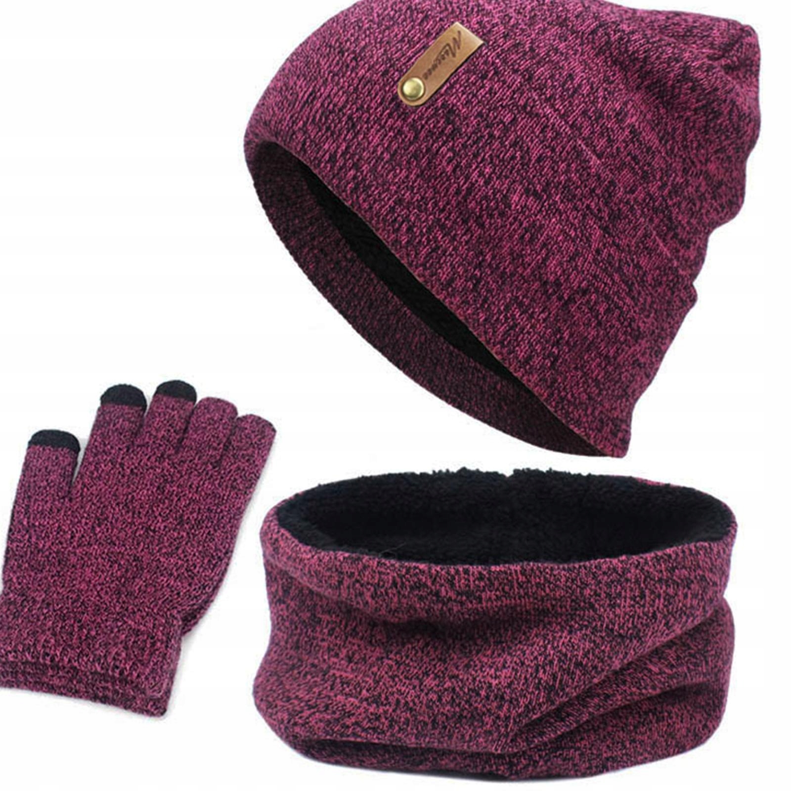 Winter hat Scarf Set Soft Fleece Inner , Stretchy Knit Beanie Rose red Płeć uniseks