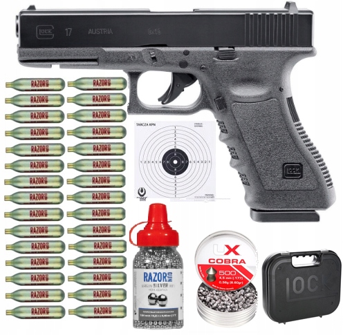 Zestaw Pistolet Wiatrówka Glock 17 Blowback Na Gaz CO2 Na Śrut I Kulki